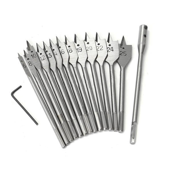 13pcs 6-25mm Wood Spade Flat Drill Bits with Extension Rod 1/4 Inch Hex Shank