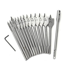 13pcs 6-25mm Wood Spade Flat Drill Bits with Extension Rod 1/4 Inch Hex Shank