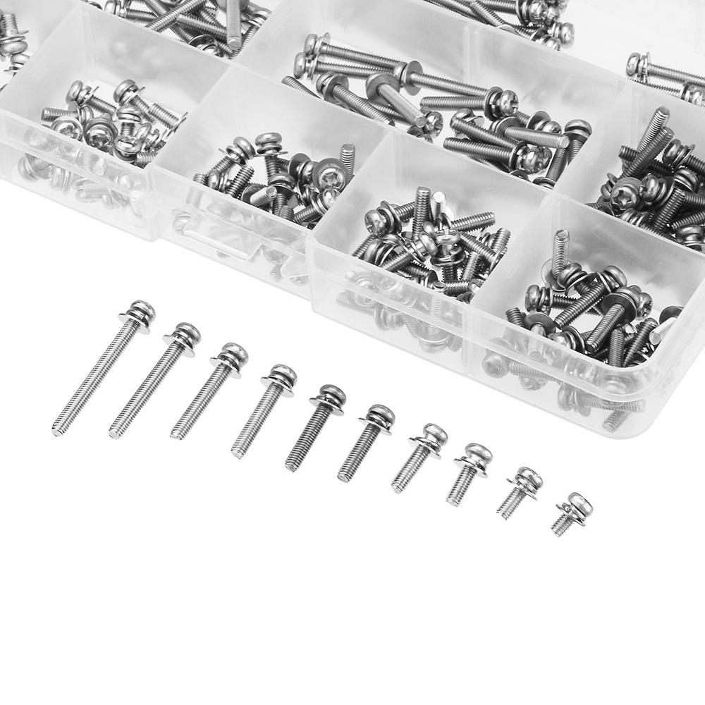 M3SP2 200Pcs M3 Stainless Steel 6-30mm Phillips Pan Head Machine Screw Washer Bolt Asortment