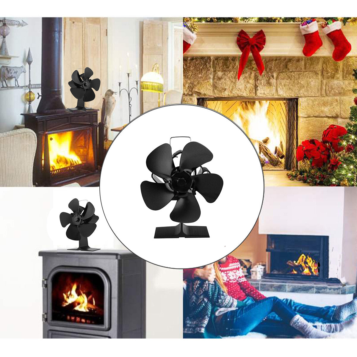 5 Blades Fireplace Fan Silent Motors Heat Powered Stove Fan Eco Stove Fan for Gas/Pellet/Wood/Log Stoves