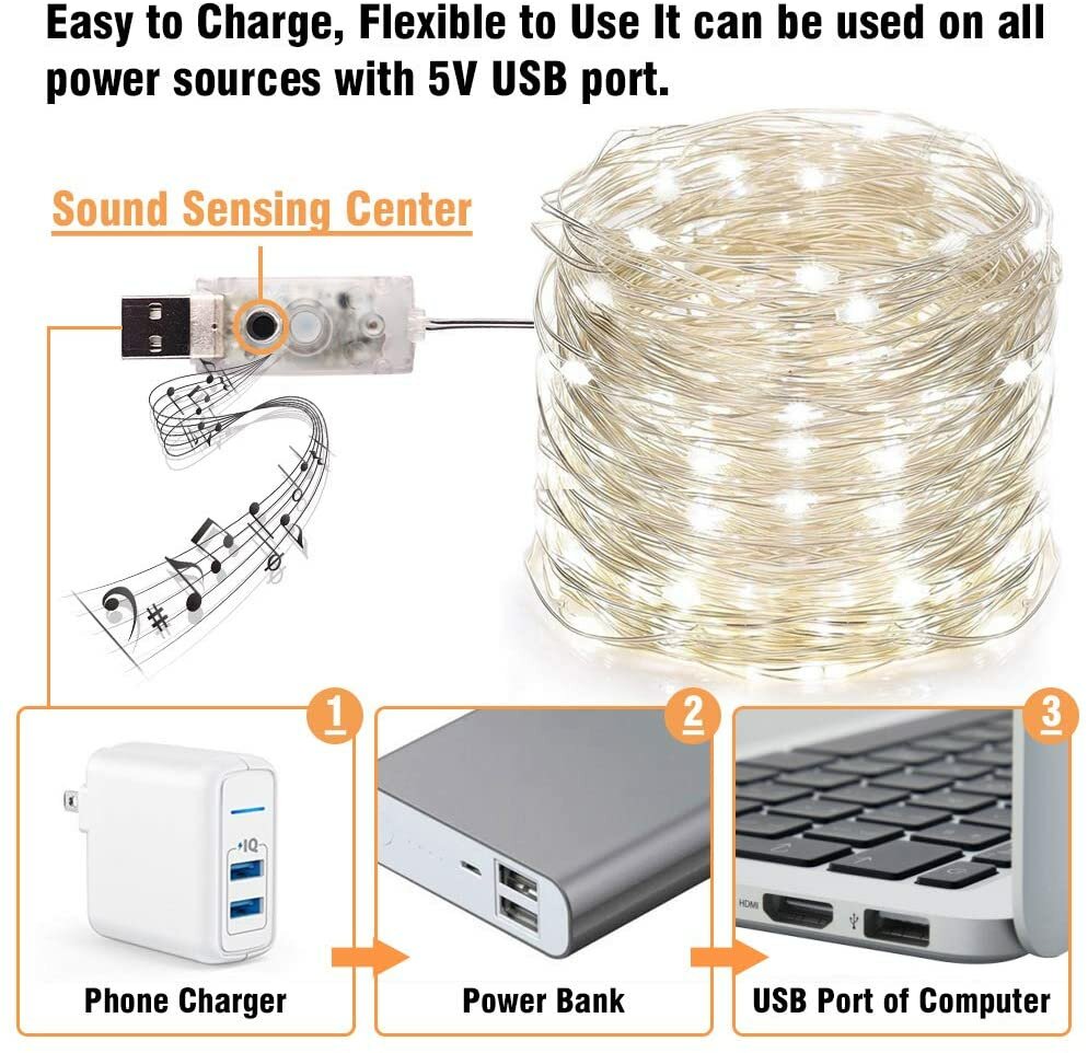 LEDs Music Fairy String Light Silver Wire Twinkle Starry Lights with Remote Control Timer 32.8ft