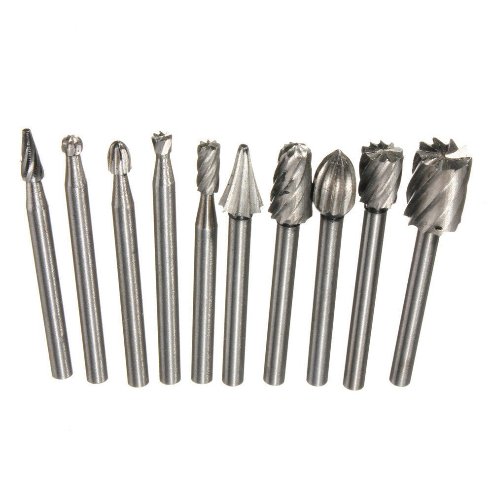 10pcs 1/8 Inch Shank Milling Rotary File Burrs Set Wood Carving Rasps Router Bits Grinding Head