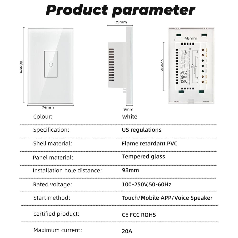 WiFi Smart Boiler Switch US/EU 110V 220V Touch Control Wall Electric Water Heater On Off with Alexa Google Home