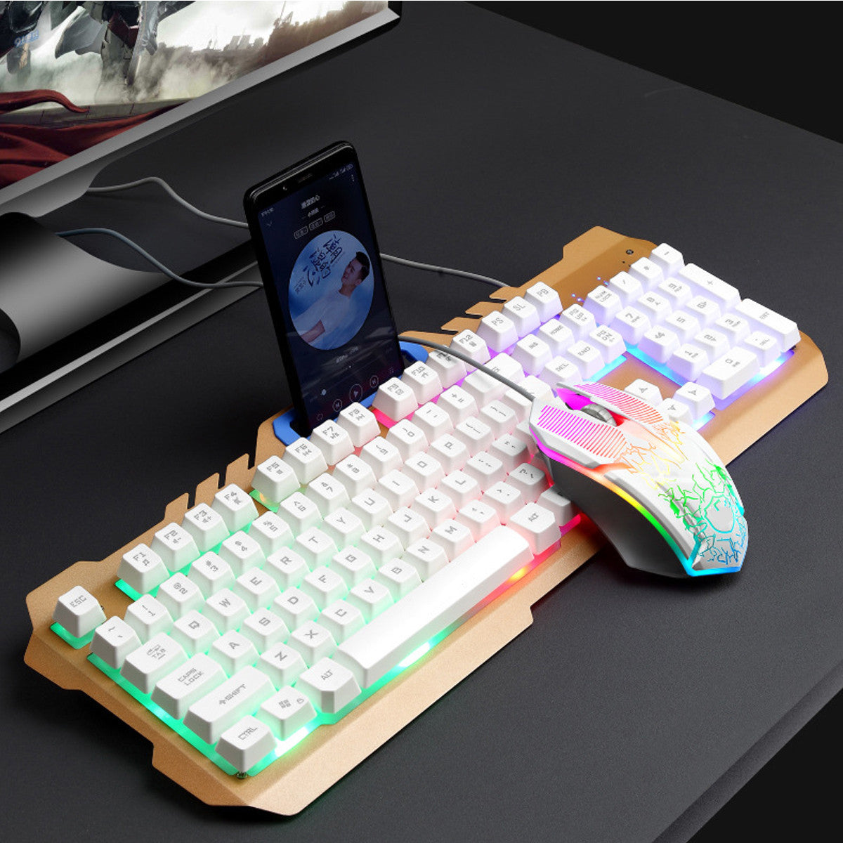 Wired Mechanical Keyboard & Mouse Set 104 Keys RGB Backlight Gaming Keyboard with Phone Holder 1600dpi Mouse