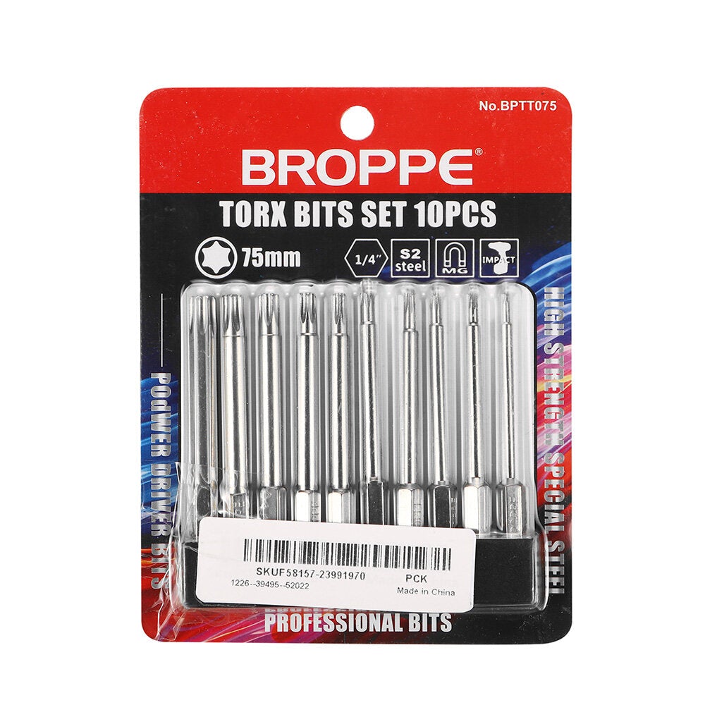 10Pcs S2 Alloy Steel T6-T40 75mm Magnetic Torx Screwdriver Bits 1/4 Inch Hex Shank