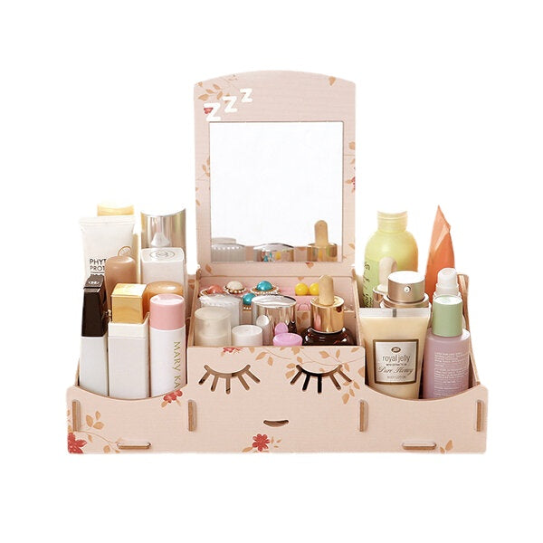 Creative Diy Wooden Cosmetic Storage Box Desktop Storage Container With Mirror Desktop Organizer