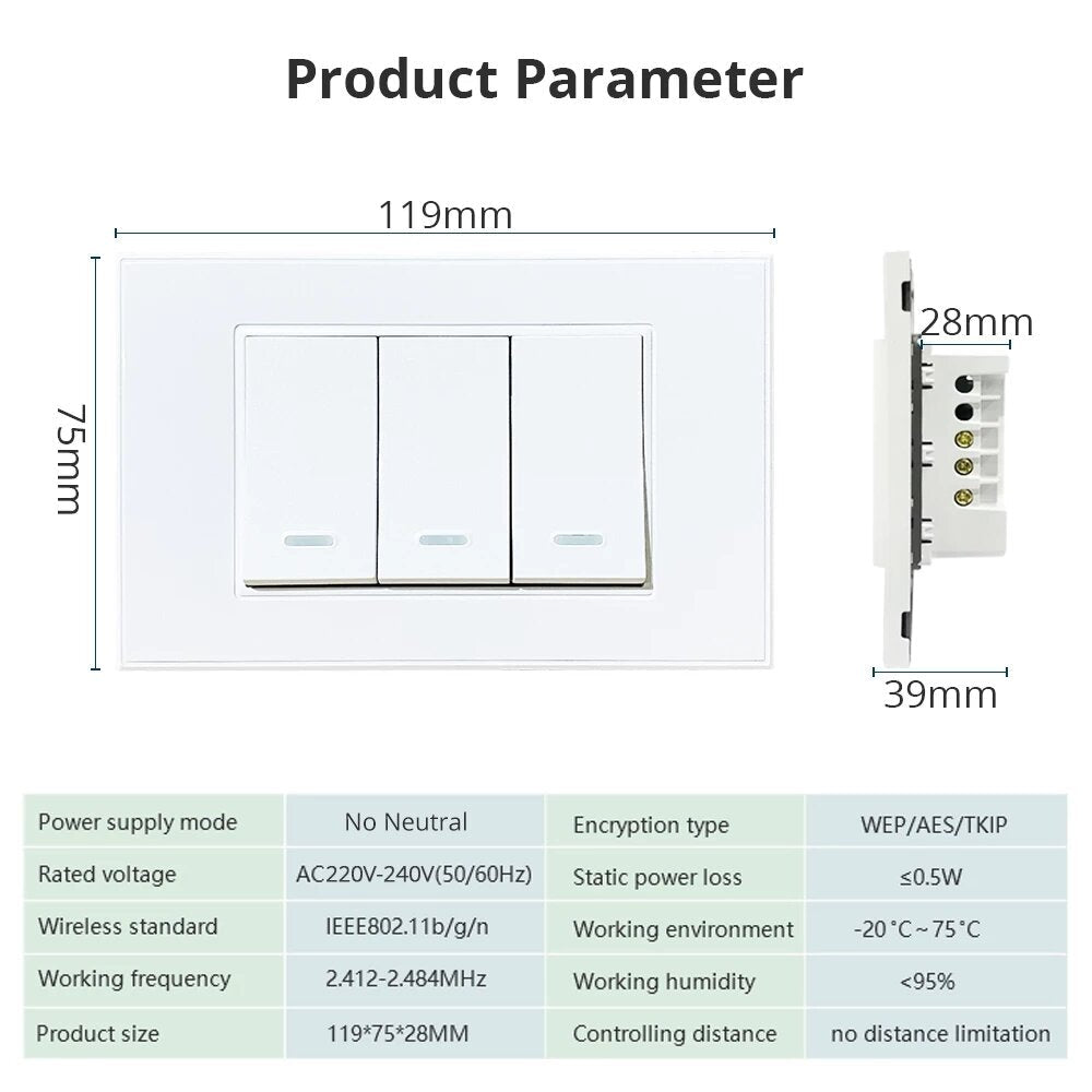 Smart No Neutral Push Button Switch 1/2/3 Gangs Smartthings App Alexa Google Home,220-240V