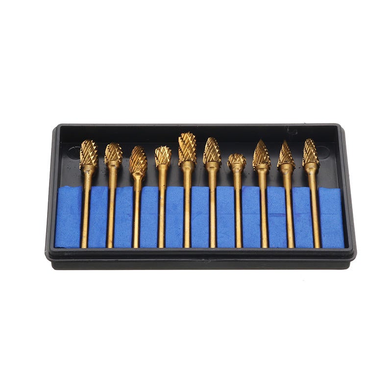 10Pcs Titanium Coated Tungsten Carbide Burr Rotary Drill Bits 1/8 Inch Shank Cutter Files