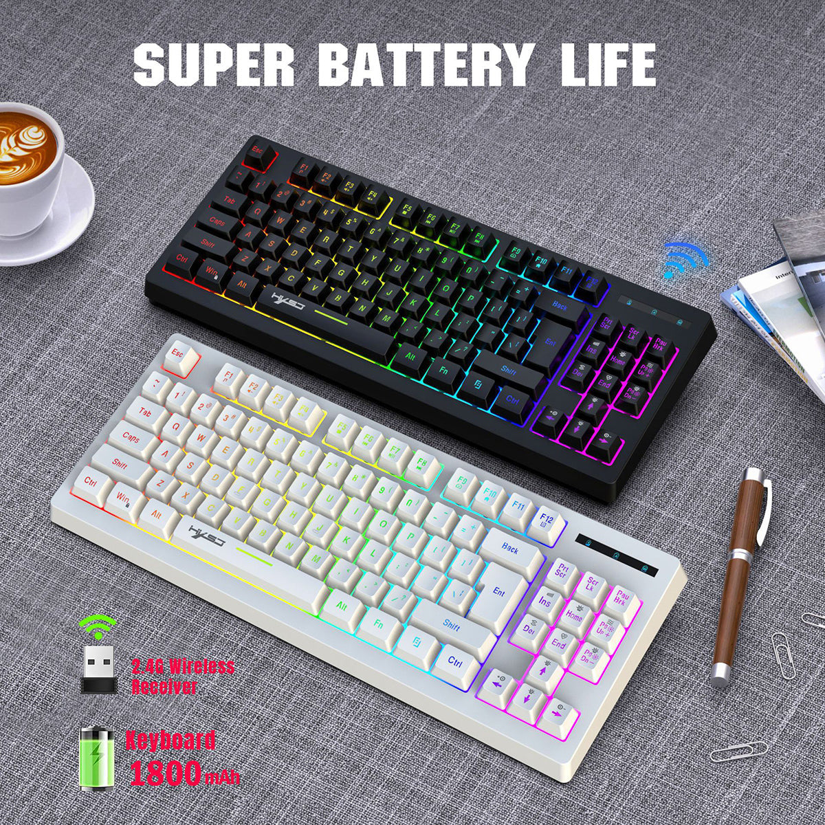 2.4G Wireless Keyboard 87 Keys Multimedia Function RGB Backlit Rechargeable Keyboard for Computer Laptop Home Office