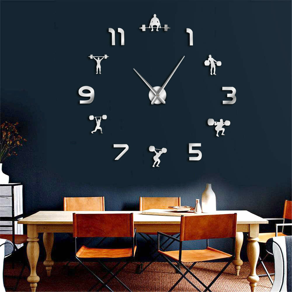 Fitness Room Wall Decor DIY Giant Wall Clock Mirror Effect Powerlifting Frameless Large Wall Clock Wall Watch