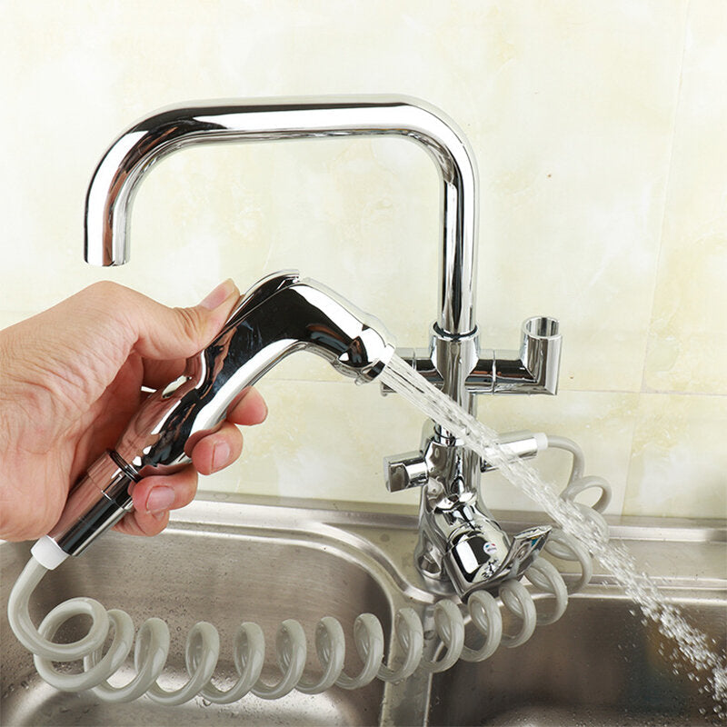 Chrome Kitchen Faucet Dual Sprayer Swivel Spout Spring Pull Out Spray Mixer Tap