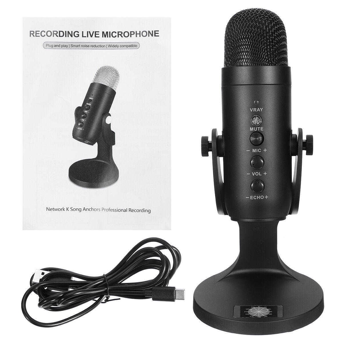USB Condenser Microphone Stand Gaming Streaming Podcasting Recording for Computer PC Headphone