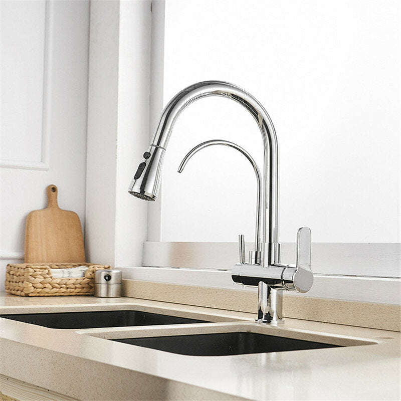 3 in 1 Kitchen Pull Down Sprayer 360 Rotating Hot and Cold Water Mixer Tap Direct Drinking Faucet
