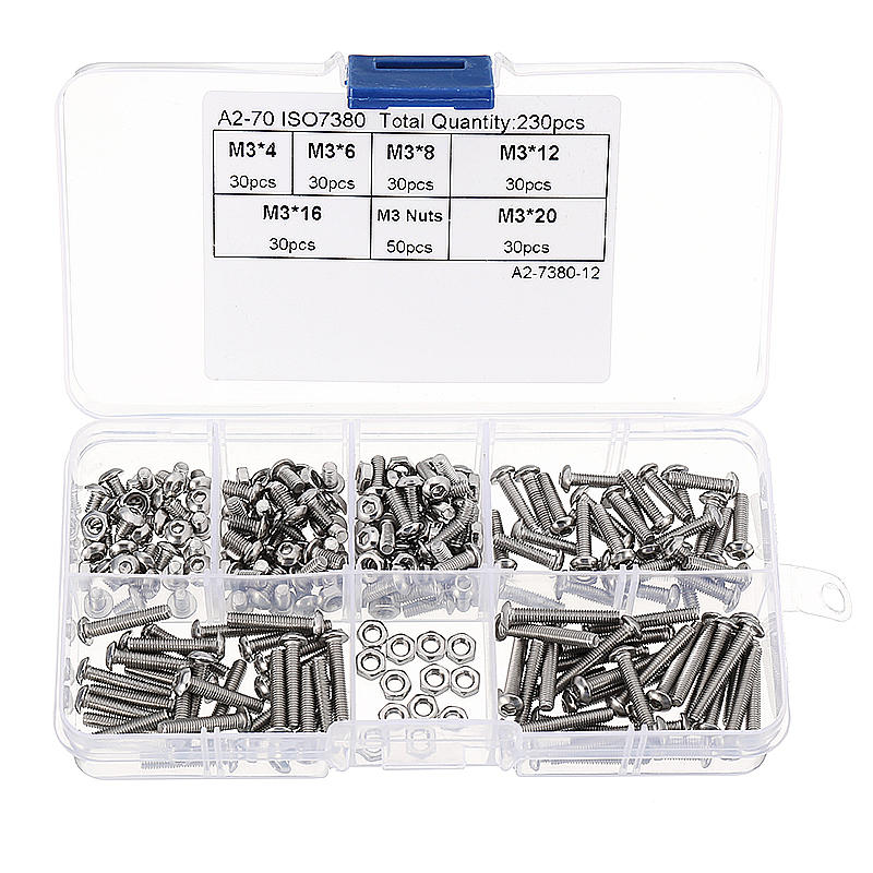 M3SH3 M3 Stainless Steel Hex Socket Button Head Cap Screws Bolts Nuts Assortment 230pcs