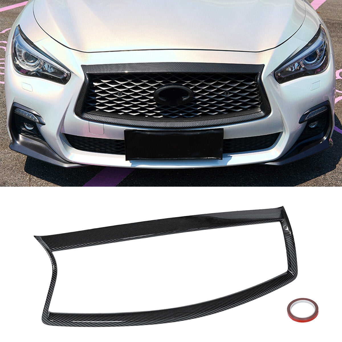 Carbon Fiber Color Front Side Car Grill Outline Trim Cover Overlay