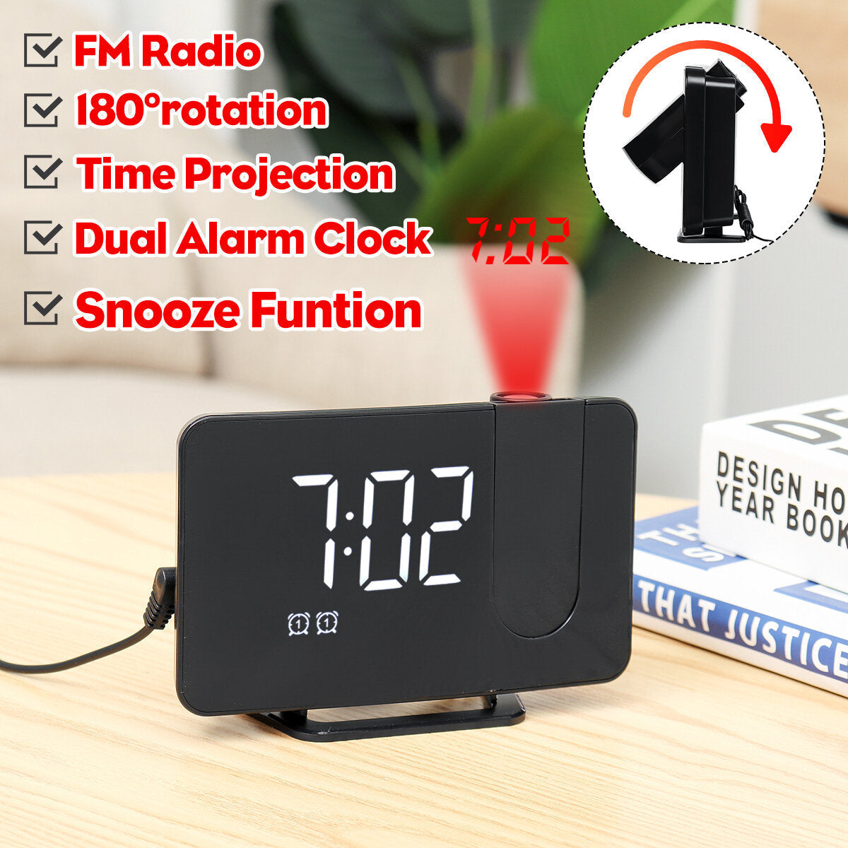 USB FM Radio Alarm Clock With Time Projection Dimmable Alarm Clock