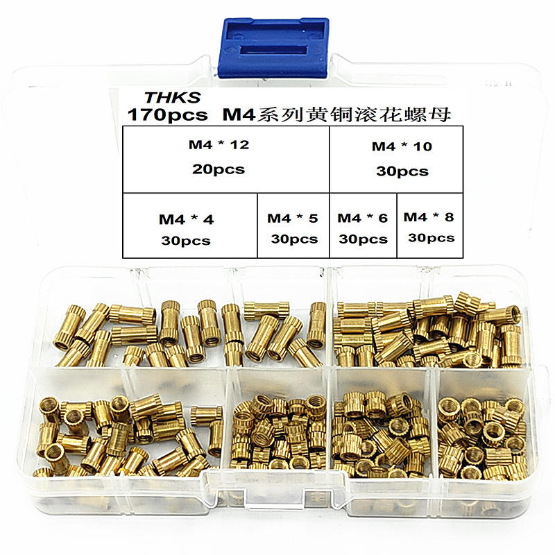 M4BN1 170Pcs M4 Brass Cylinder Knurled Nut Threaded Round Insert Embedded Nuts Assortment Set