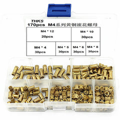 M4BN1 170Pcs M4 Brass Cylinder Knurled Nut Threaded Round Insert Embedded Nuts Assortment Set