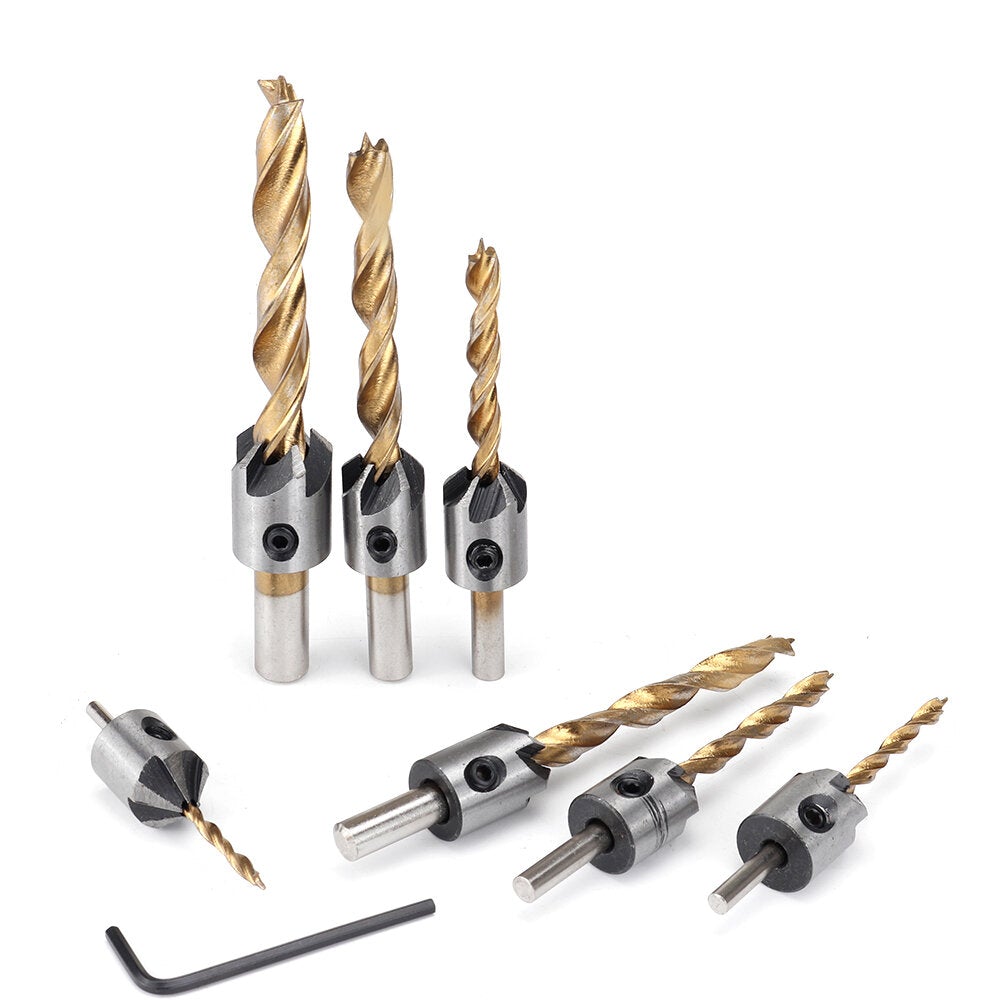 7/8Pcs 3-10mm Round Shank Titanium Coated Countersink Drill Bit Set Replacement Three Point Carpentry Boring Tool Woodworking With Hexagon L-Wrench