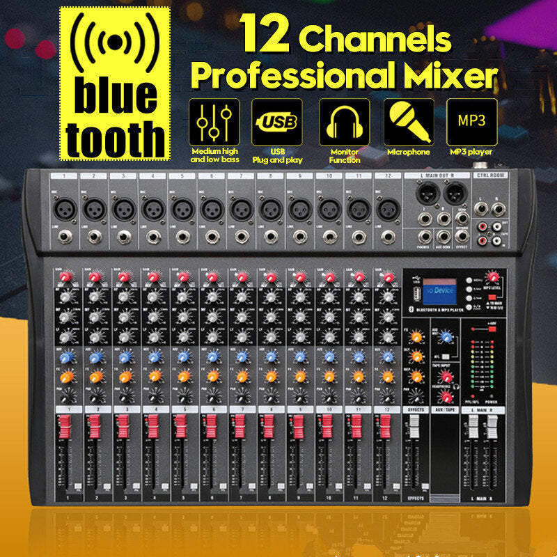 12 Channel Bluetooth Digital Microphone Sound Mixer Console Professional Karaoke Audio Amplifier With USB