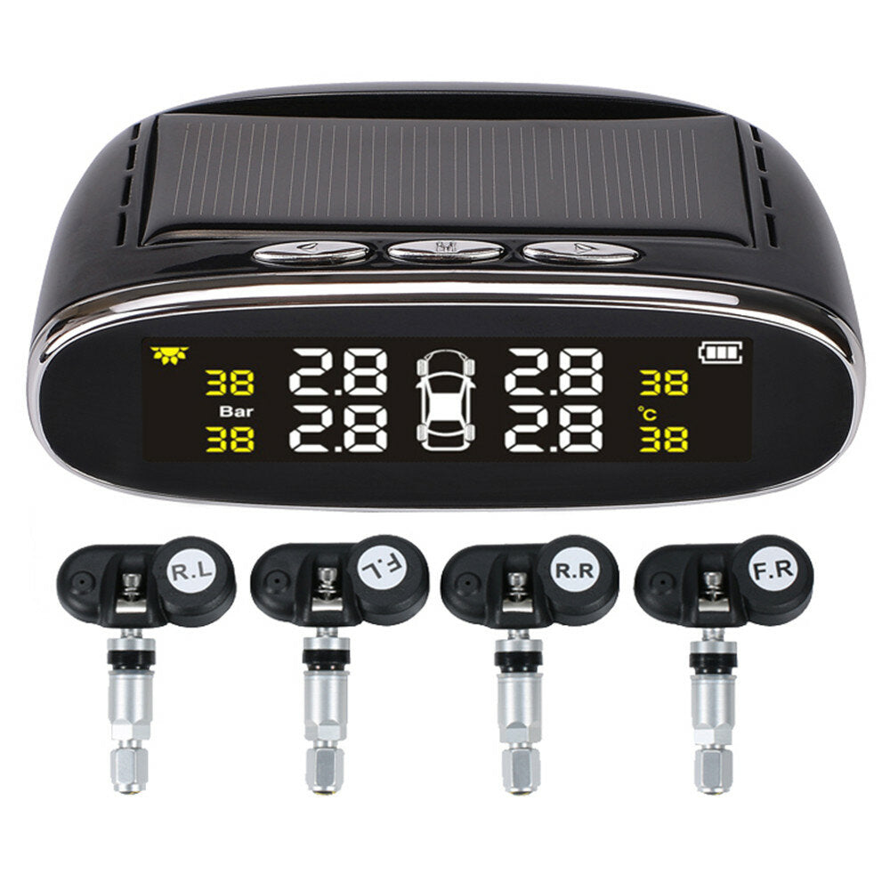 Solar Power TPMS Temperature Alert LCD Display Car Tire Pressure Alarm Monitor System With 4 Internal/External Sensor