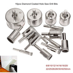 15Pcs 6-50mm Diamond Hole Saw Drill Bit Set 100 Grits Tile Ceramic Glass Marble Bits
