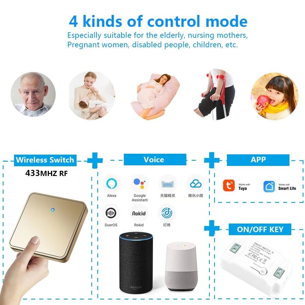 WiFi 433Mhz Smart Switch Mobile Phone APP Voice Wireless Remote Controller Timer Work With APP Smart Life