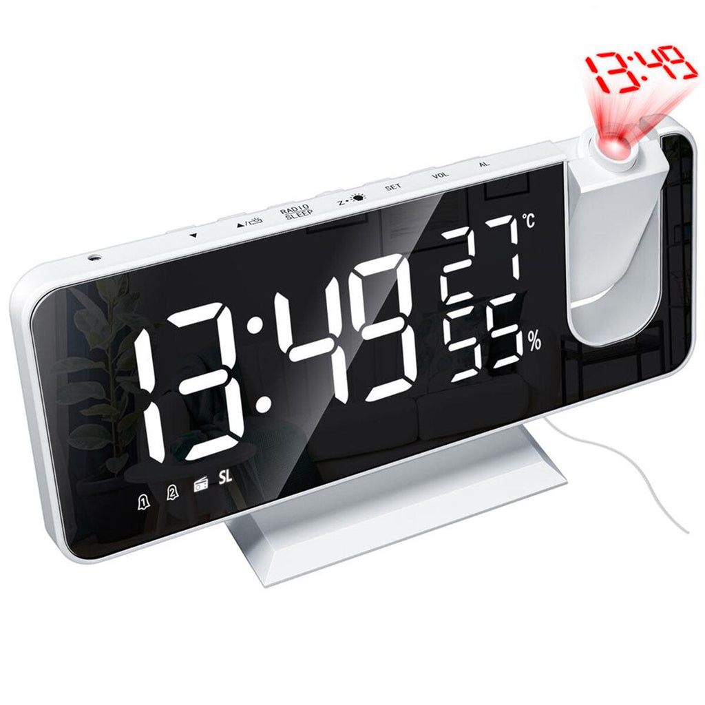 Digital Alarm Clock Electronic USB Wake Up FM Radio HD Red Projection Time Temperature and Humidity Display Table Clock