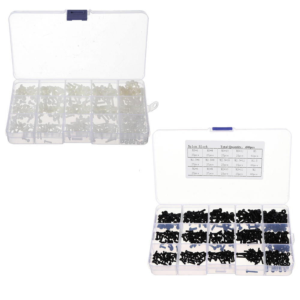 480pcs White/Black M2/M2.5/M3 Nylon Plastic Phillips Screw Round Head Hex Nut Assortment Kits