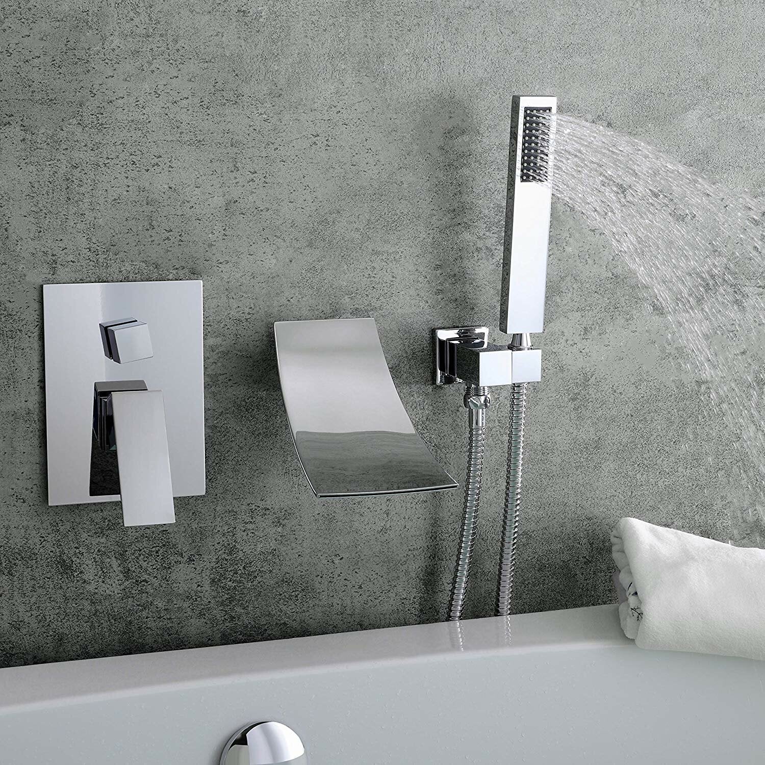 Waterfall Wall-Mount Tub Faucet with Handheld Shower Head Chrome Spout Bathtub Hand Solid Brass Wall Mount Filler for Bathroom