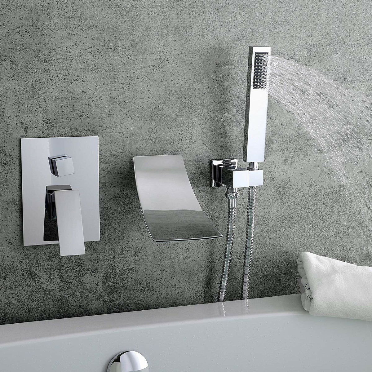 Waterfall Wall-Mount Tub Faucet with Handheld Shower Head Chrome Spout Bathtub Hand Solid Brass Wall Mount Filler for Bathroom