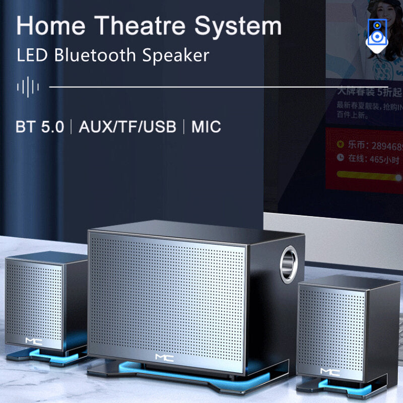 Bluetooth 5.0 Speaker Hi-Fi Stereo Bass USB Subwoofer Music Boombox Desktop Laptop LED Light Altavoces U Disk/AUX/TWS/TF/SD Card Player
