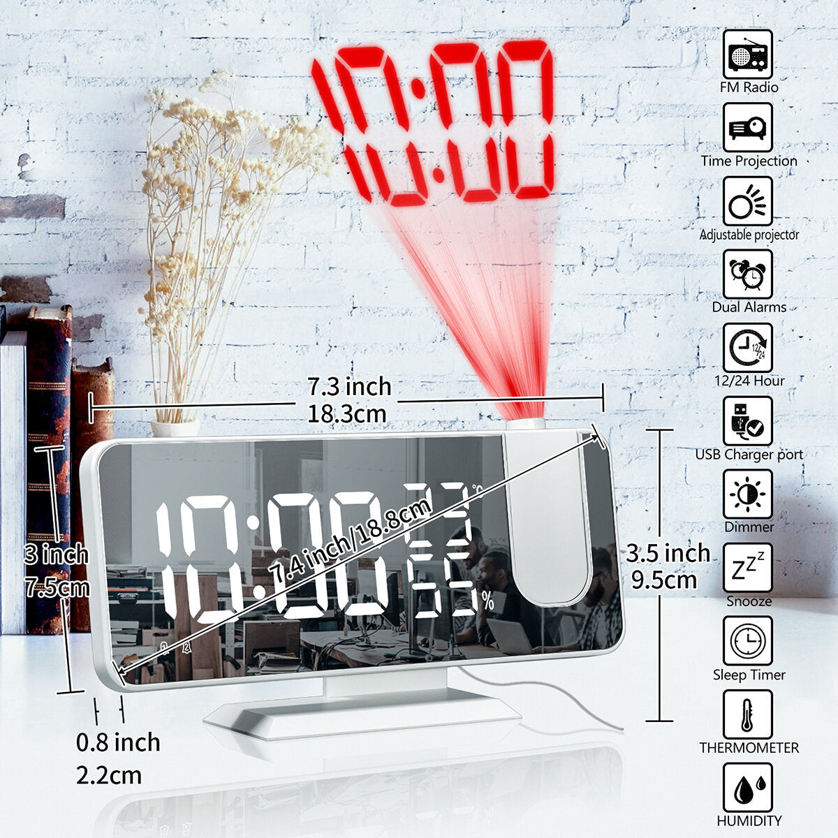 LED Digital Alarm Clock FM Radio HD Time Projection Mirror Clocks Snooze Function Temperature Humidity Display Electronic Clock Time Clock