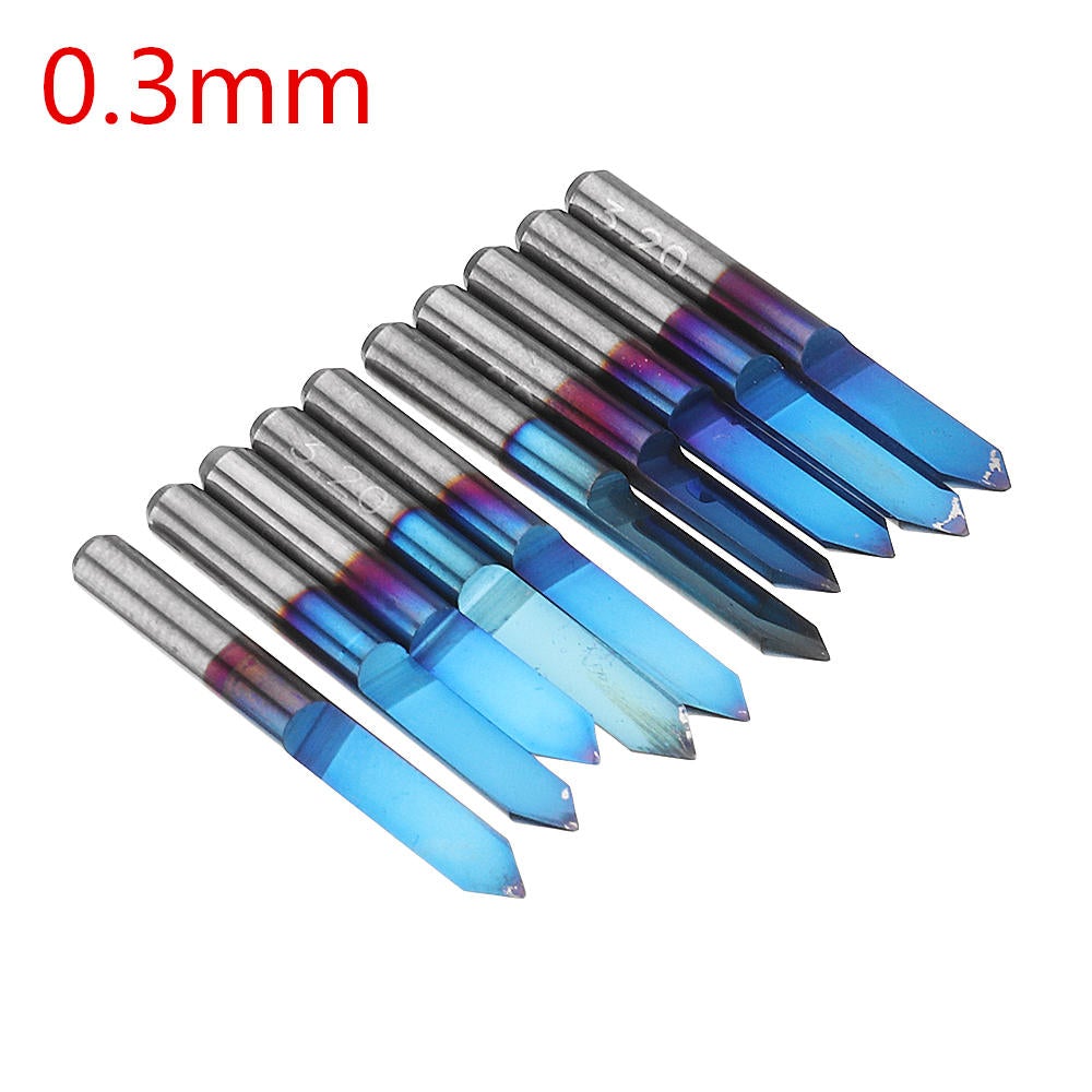10pcs 0.1/0.2/0.3/0.4mm 60 Degree Engraving Bit Flat Bottom PCB Engraving Bit Blue NANO Coated Carbide CNC Router Tool