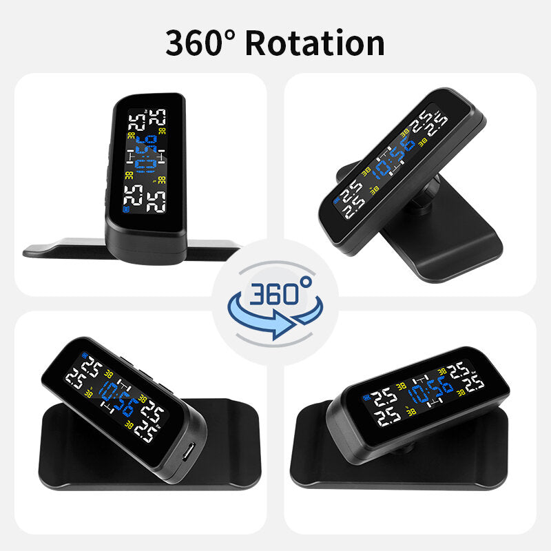 Solar Car 360 Rotation Tire Pressure Monitoring System Digital Clock LCD Display Tyre Temperature Safety Alarm Machine