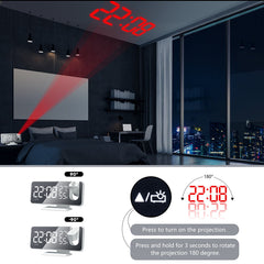 LED Digital Alarm Clock FM Radio HD Time Projection Mirror Clocks Snooze Function Temperature Humidity Display Electronic Clock Time Clock