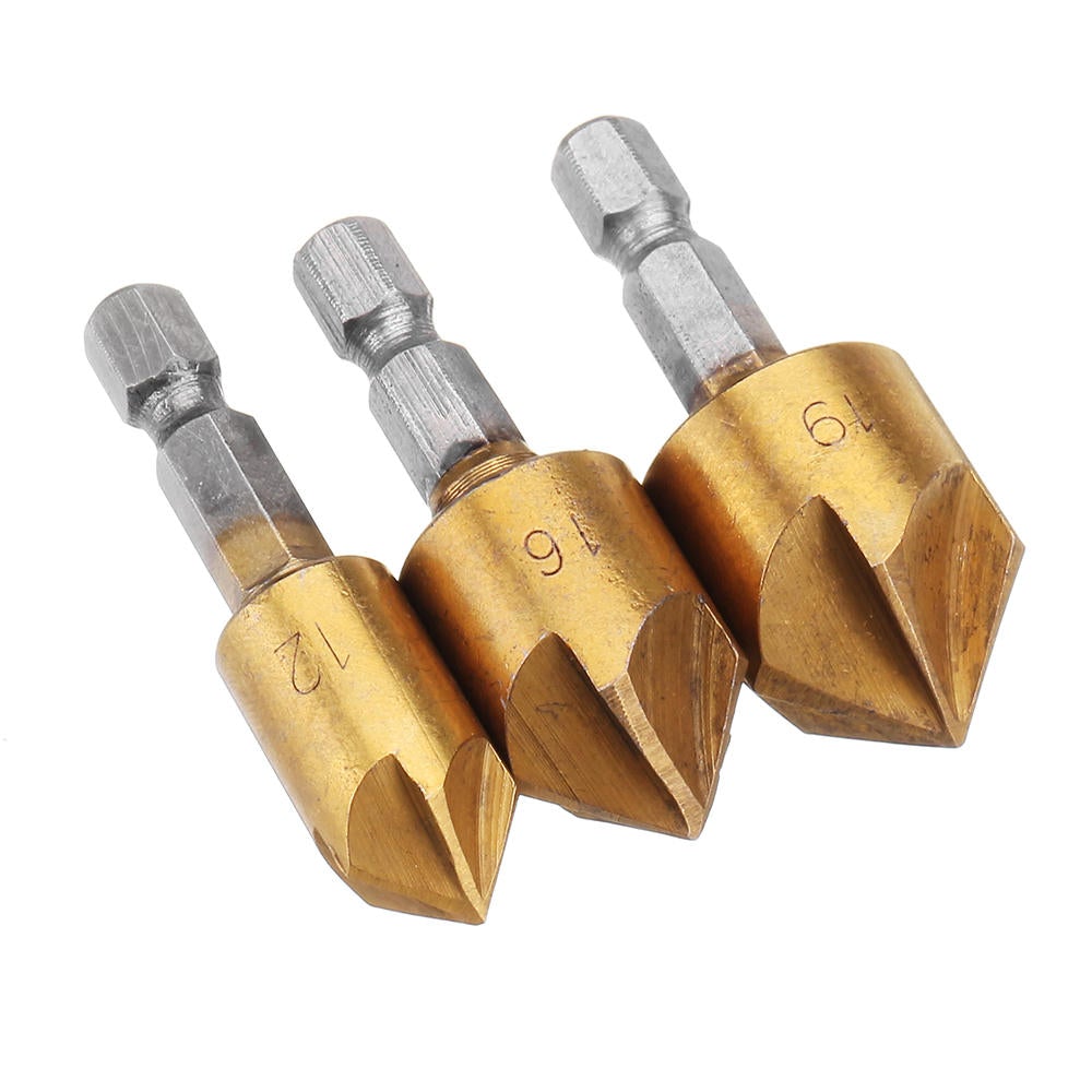 3pcs/Set 5 Flutes 90 Dgree Chamfer Cutter 1/4" Shank 12/16/19mm Countersink Drill Bit Kit