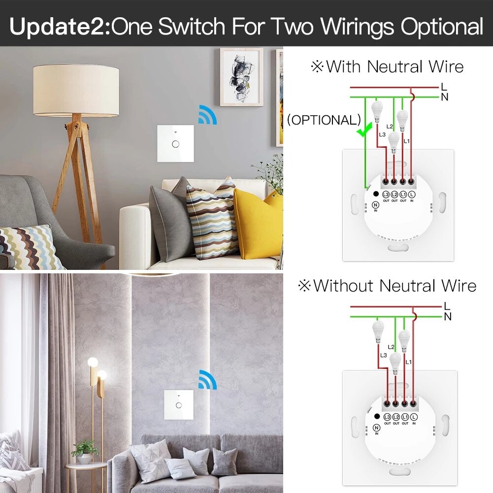 EU Wall Touch 250V 50/60Hz Smart Light Switch for Neutral Wire/No Neutral Wire No Capacitor Works with Alexa Google Hub Required