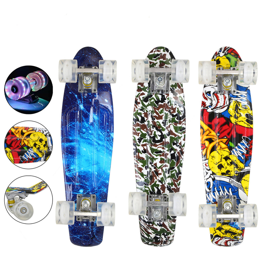 22" Junior Youth Skateboard Mini Standard Skate board with High Rebound LED Flashing PU Wheels