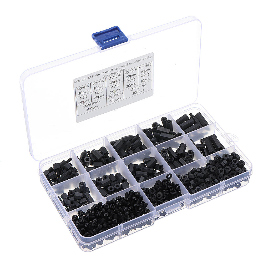 M3NH16 780Pcs M3 Nylon Screw Black Hex Screw Nut Nylon PCB Standoff Assortment Kit
