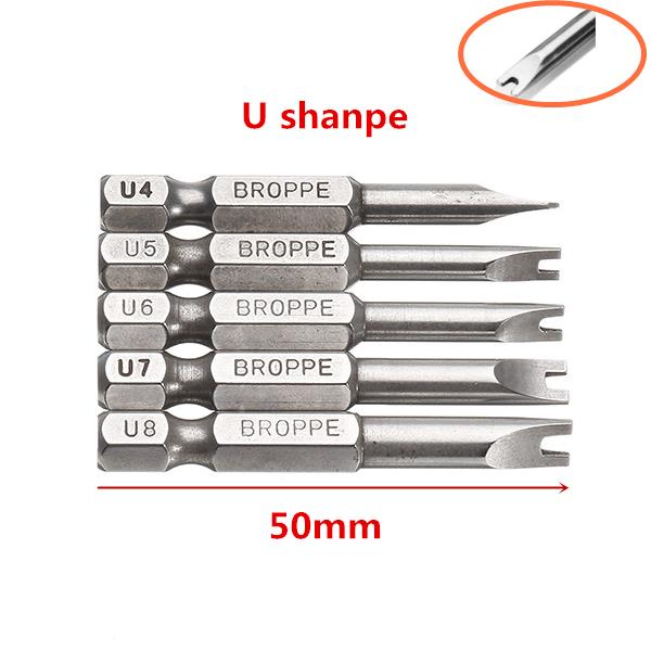5pcs 50mm 1/4 Inch Hex Shank Magnetic U-shaped Screwdriver Bits