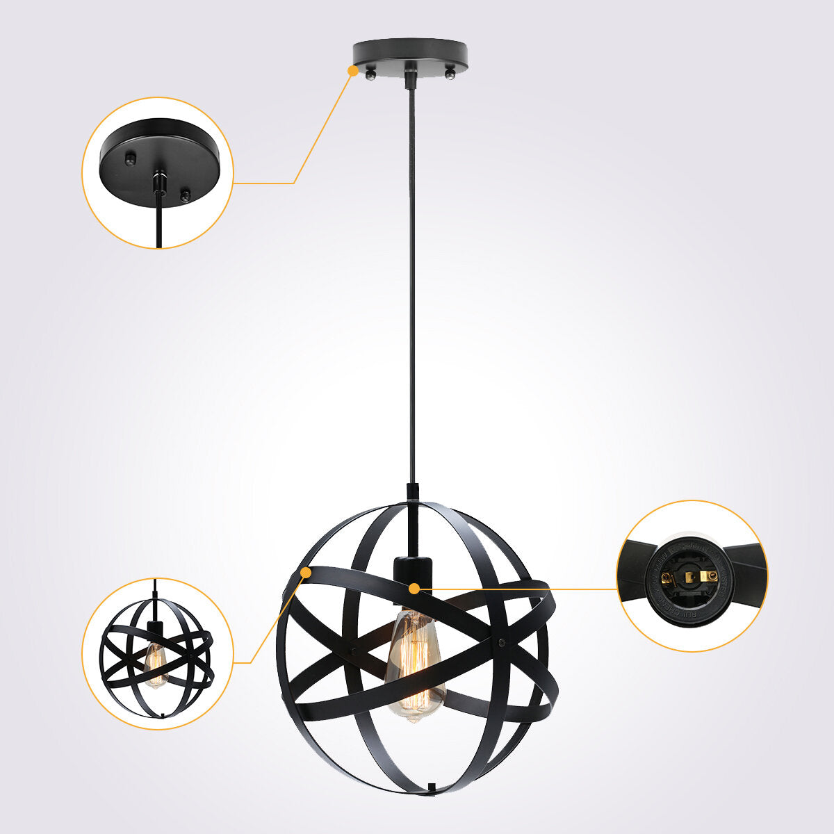 12'' Industrial Ceiling Pendant Lighting Fixture Metal Spherical Globe Chandelier with Remote Control AC110V