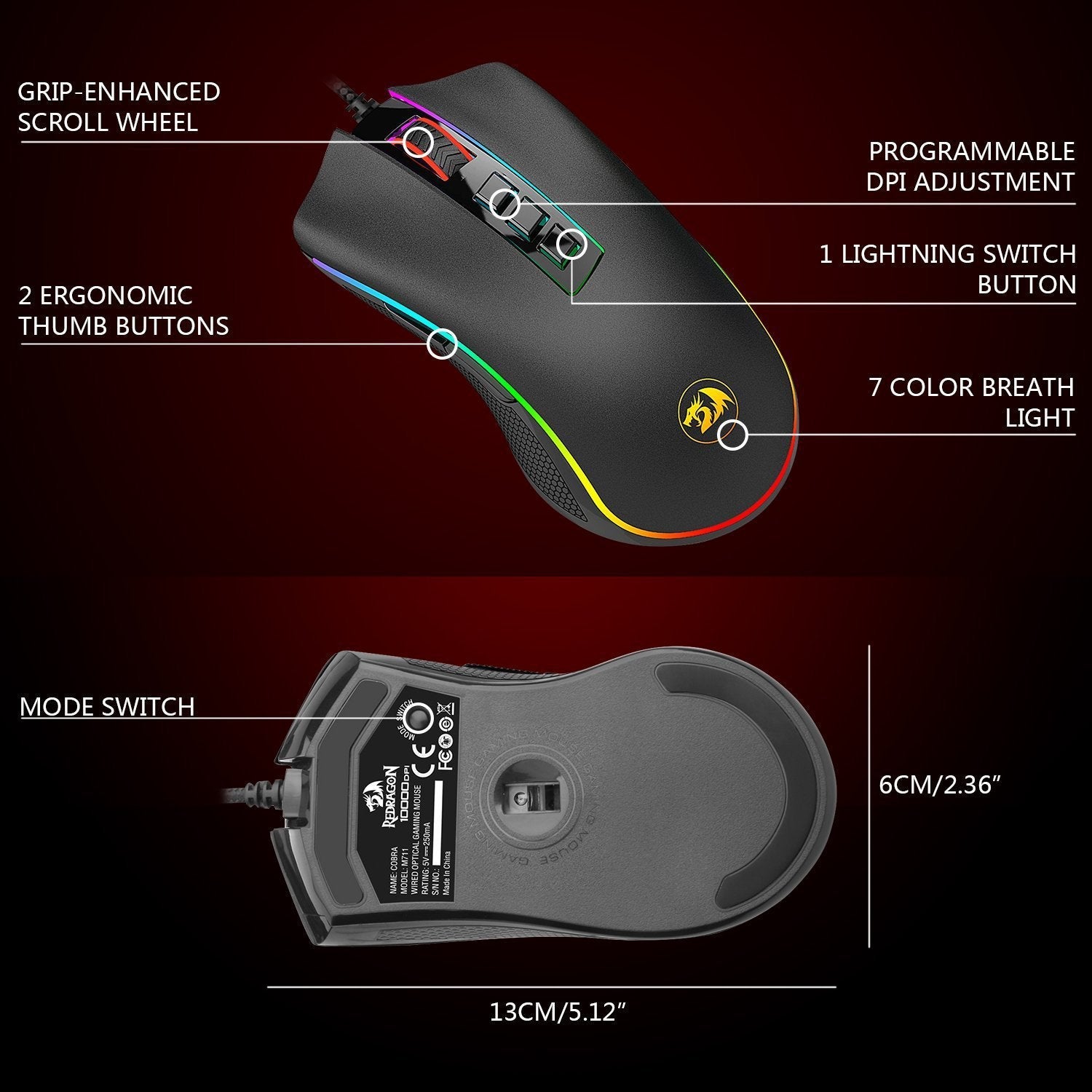 Gaming Mouse 16.8 Million RGB Color Backlit 10,000 DPI Adjustable Comfortable Grip 7 Programmable Buttons