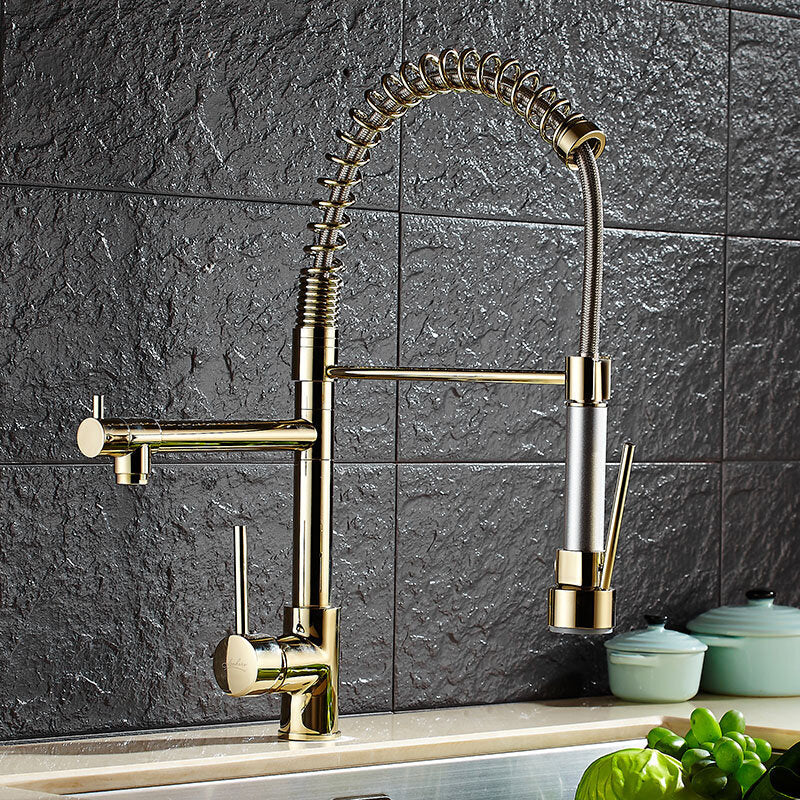 Kitchen Sink Mixer Faucet Pull Out Sparyer 360 Degree Rotation Hot & Cold Water Crane Tap with Dual Spout Chrome Brass Brushed Collapsible