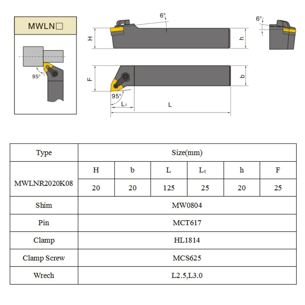 20 x125mm Index External Lathe Turning Tool Holder With 2pcs Wrench