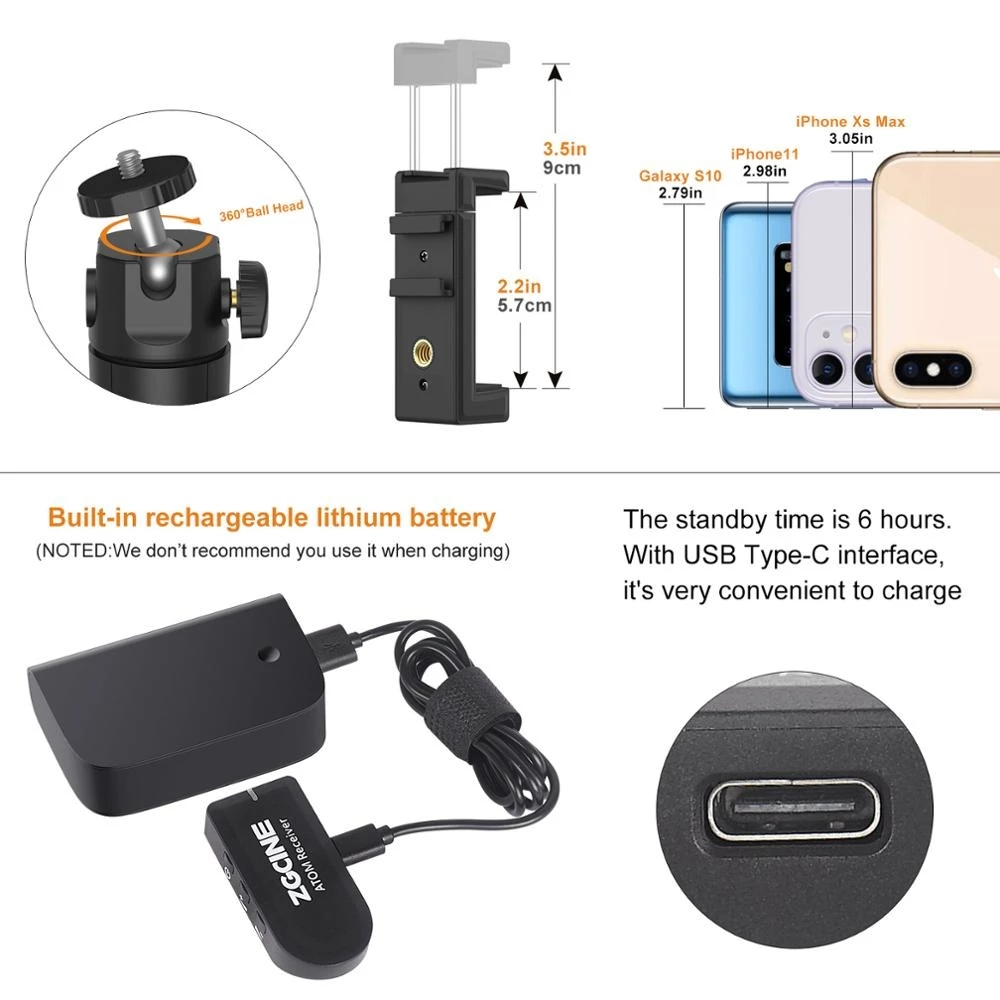 Wireless Lapel Microphone Receiver Kit mini 2.4G Video Recording Mic Tripod phone holder for Camera DSLR Smartphon
