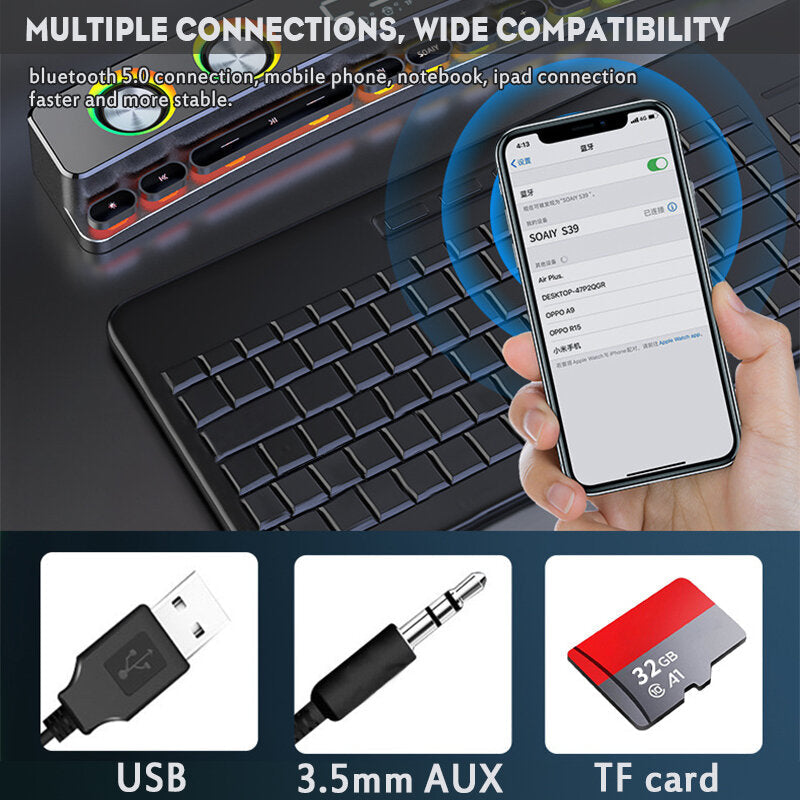 Bluetooth Wireless Game Speaker Soundbar USB 3D Stereo Subwoofer AUX FM Home Clock Indoor Sound Bar Computer Loudspeaker