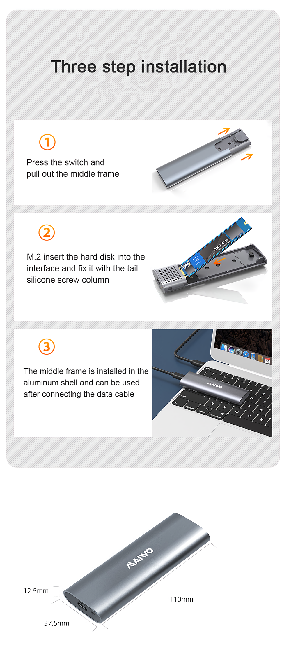 M.2 Dual Protocol NVME SATA Hard Drive Enclosure 10Gbps Type-C USB3.1 GEN2 SSD Hard Disk Box