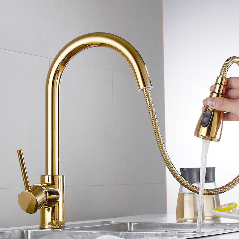 Pull Out Kitchen Sink Gold Faucet Cold Hot Water Mixer Tap 360 Degree Rotation Kitchen Tap
