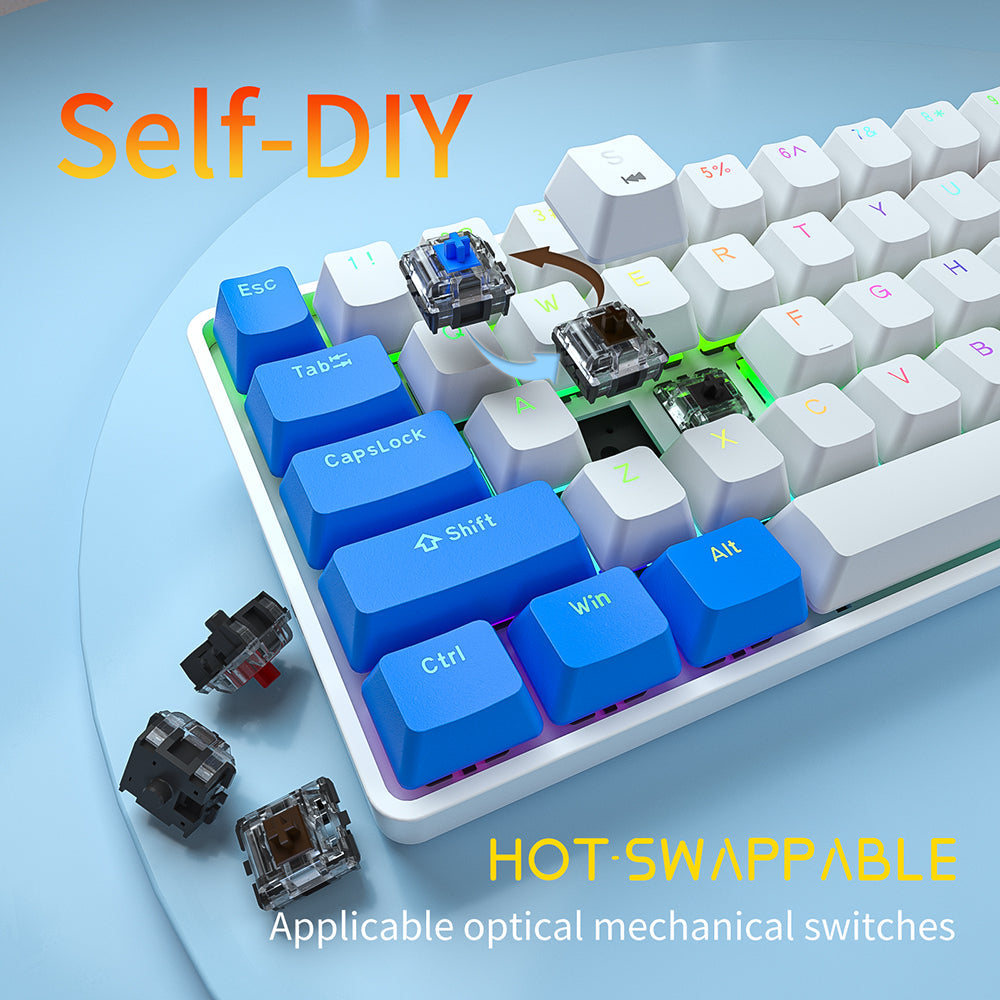 Programmable Gaming Mechanical Keyboard 61 Keys Full-Key PBT Translucent Keycaps Dual-Mode Bluetooth 5.1 Type-C Wired 60% Compact Keyboard
